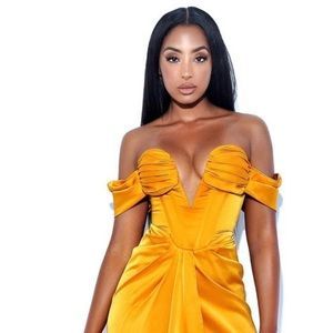 Dreya Gold Off Shoulder Satin Corset Dress